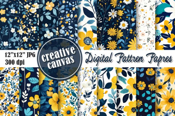 Download Yellow Blue Floral Digital Paper Bundle - Paper Collection