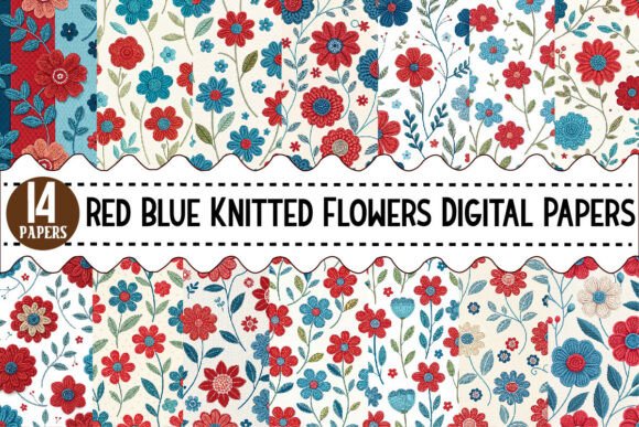 Download Red Blue Knitted Flowers Digital Papers - Paper Collection