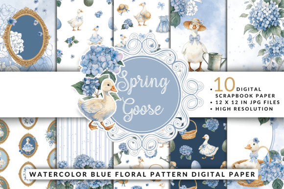 Download Spring Goose Blue Floral Digital Paper - Paper Collection
