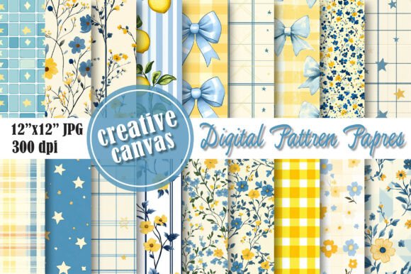 Download Blue &amp; Yellow Floral Digital Paper Bundl - Paper Collection