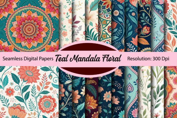 Download Teal Mandala Floral Digital Paper - Paper Collection