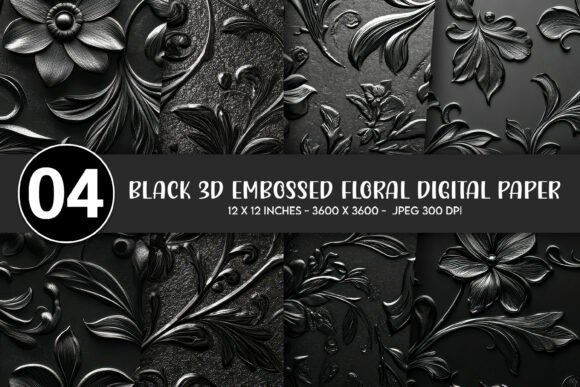 Download Black 3D Embossed Floral Digital Paper - Paper Collection