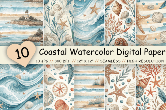 Download Coastal Watercolor Digital Paper Pack - Paper Collection
